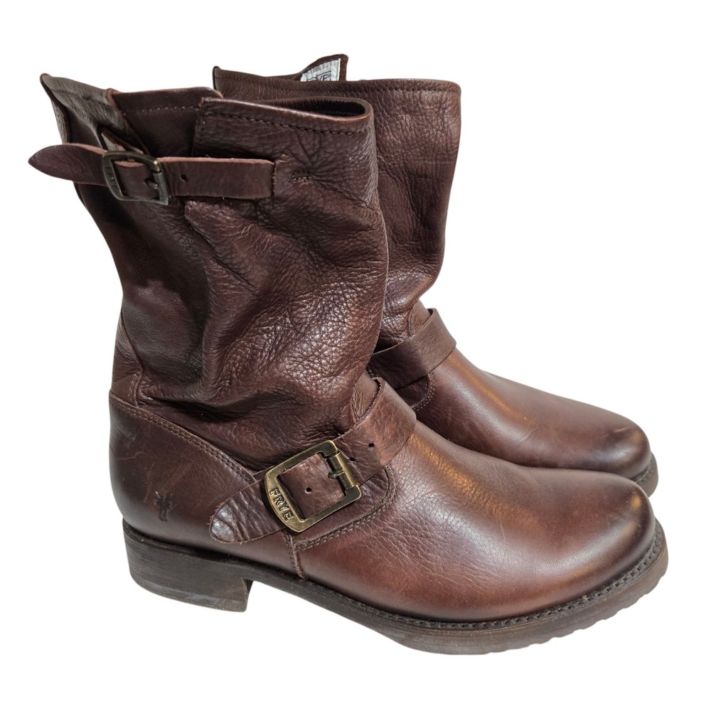 Frye Veronica Short Moto Boots Women 9.5B Brown Leather Engineer Buckle 75609